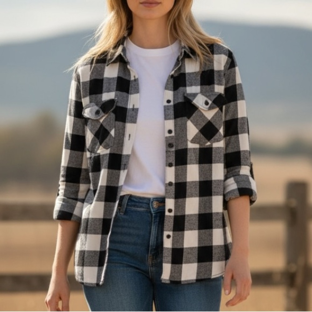 Denim & Supply Ralph Lauren Checkered Button Up Shirt Cream & Black Size L